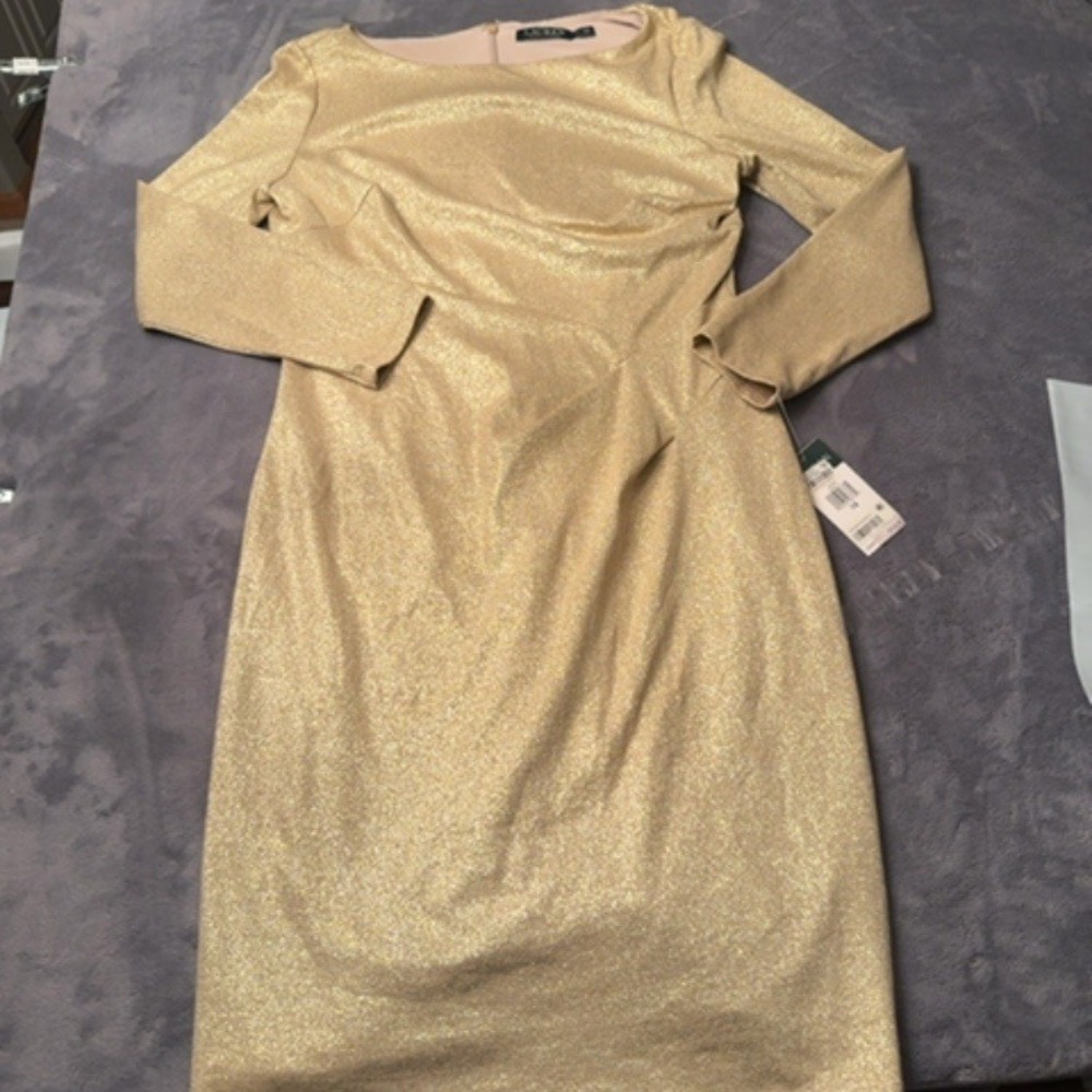 Lauren Ralph Lauren Dress Women 14 Gold Metallic Shimmer Sheath Party Cocktail
